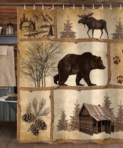 Vintage Cabin Wildlife Shower Curtain Rustic Cabin Bear Moose Forest Antique Bath