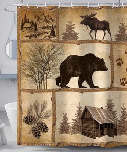 Vintage Cabin Wildlife Shower Curtain Rustic Cabin Bear Moose Forest Antique Bath