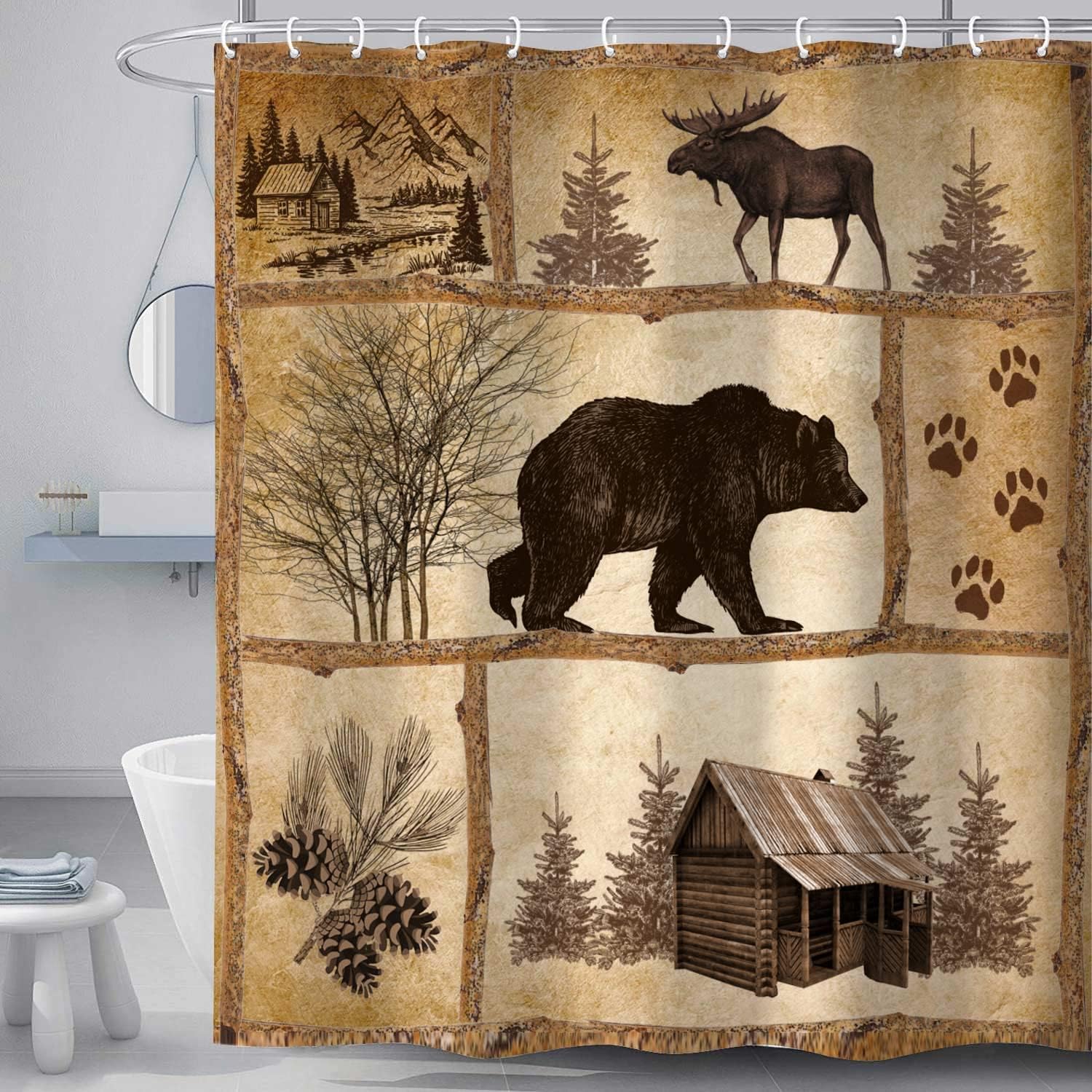 Vintage Cabin Wildlife Shower Curtain Rustic Cabin Bear Moose Forest Antique Bath