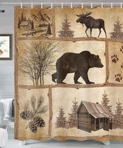 Vintage Cabin Wildlife Shower Curtain Rustic Cabin Bear Moose Forest Antique Bath