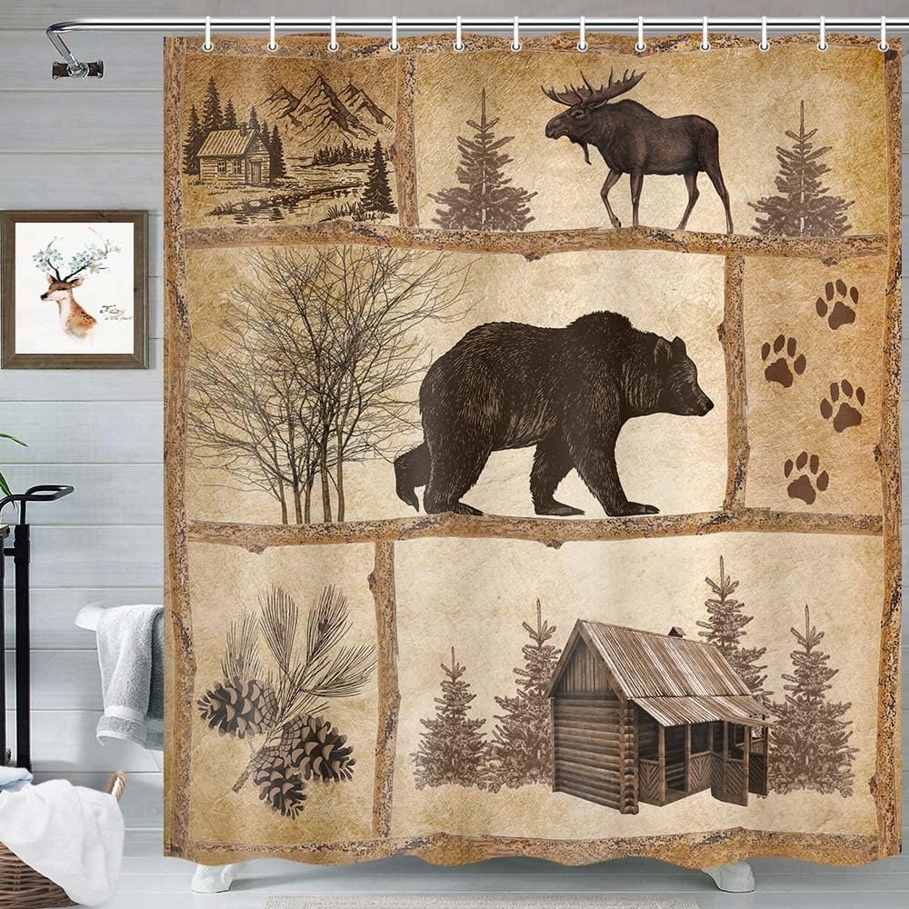 Vintage Cabin Wildlife Shower Curtain Rustic Cabin Bear Moose Forest Antique Bath