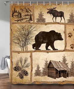 Vintage Cabin Wildlife Shower Curtain Rustic Cabin Bear Moose Forest Antique Bath