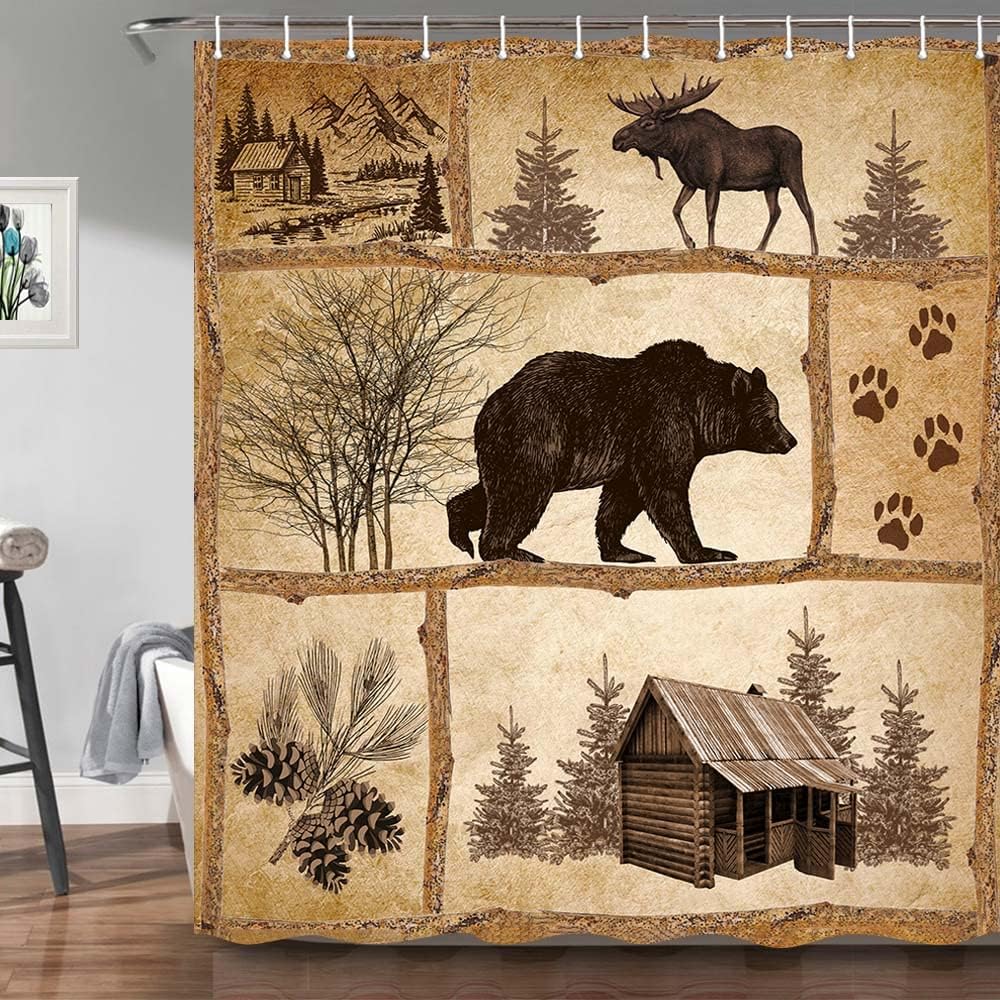 Vintage Cabin Wildlife Shower Curtain Rustic Cabin Bear Moose Forest Antique Bath