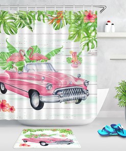 Vintage Car and Flamingo Shower Curtain for a Retro Bathroom