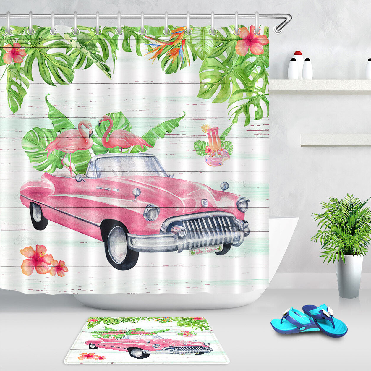 Vintage Car and Flamingo Shower Curtain for a Retro Bathroom