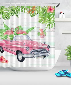 Vintage Car and Flamingo Shower Curtain for a Retro Bathroom