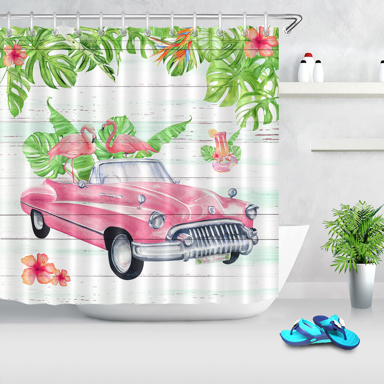 Vintage Car and Flamingo Shower Curtain for a Retro Bathroom