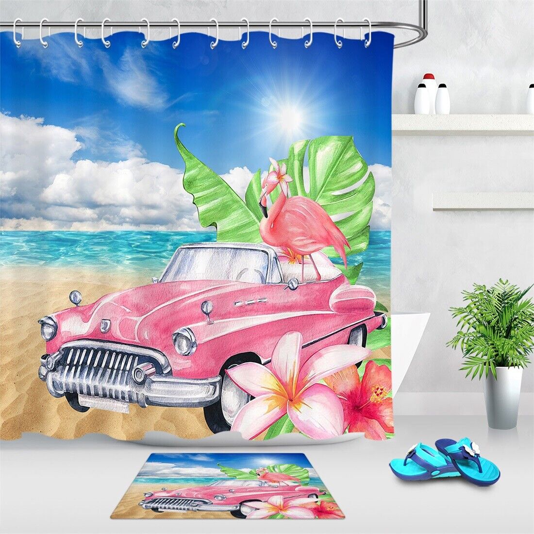 Vintage Car and Tropical Leaves Shower Curtain for a Nostalgic Bathroom Decor