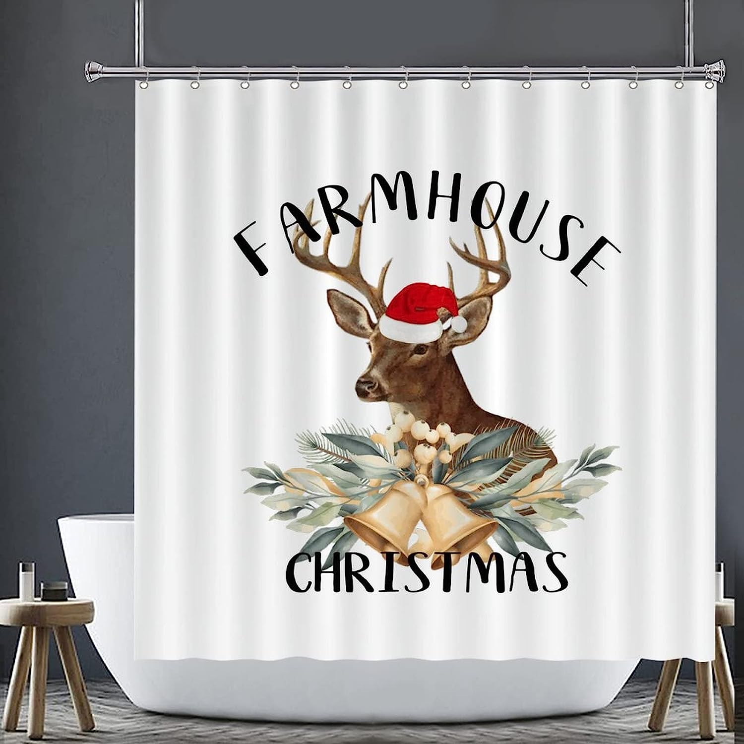 Vintage Christmas Animal Elk Deer Hotel Rustic Waterproof Shower Curtain For Farmhouse Christmas