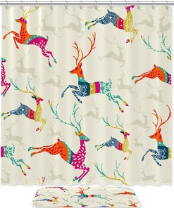 Vintage Christmas Elk Print Shower Curtain For Bathroom Tub Set
