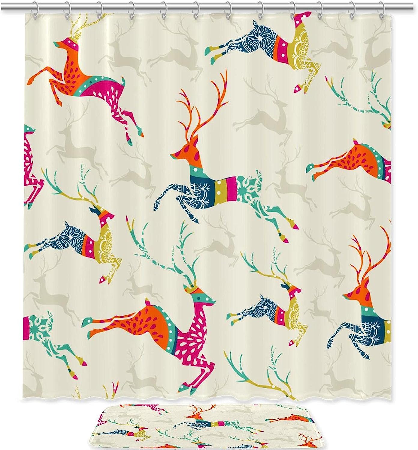 Vintage Christmas Elk Print Shower Curtain For Bathroom Tub Set