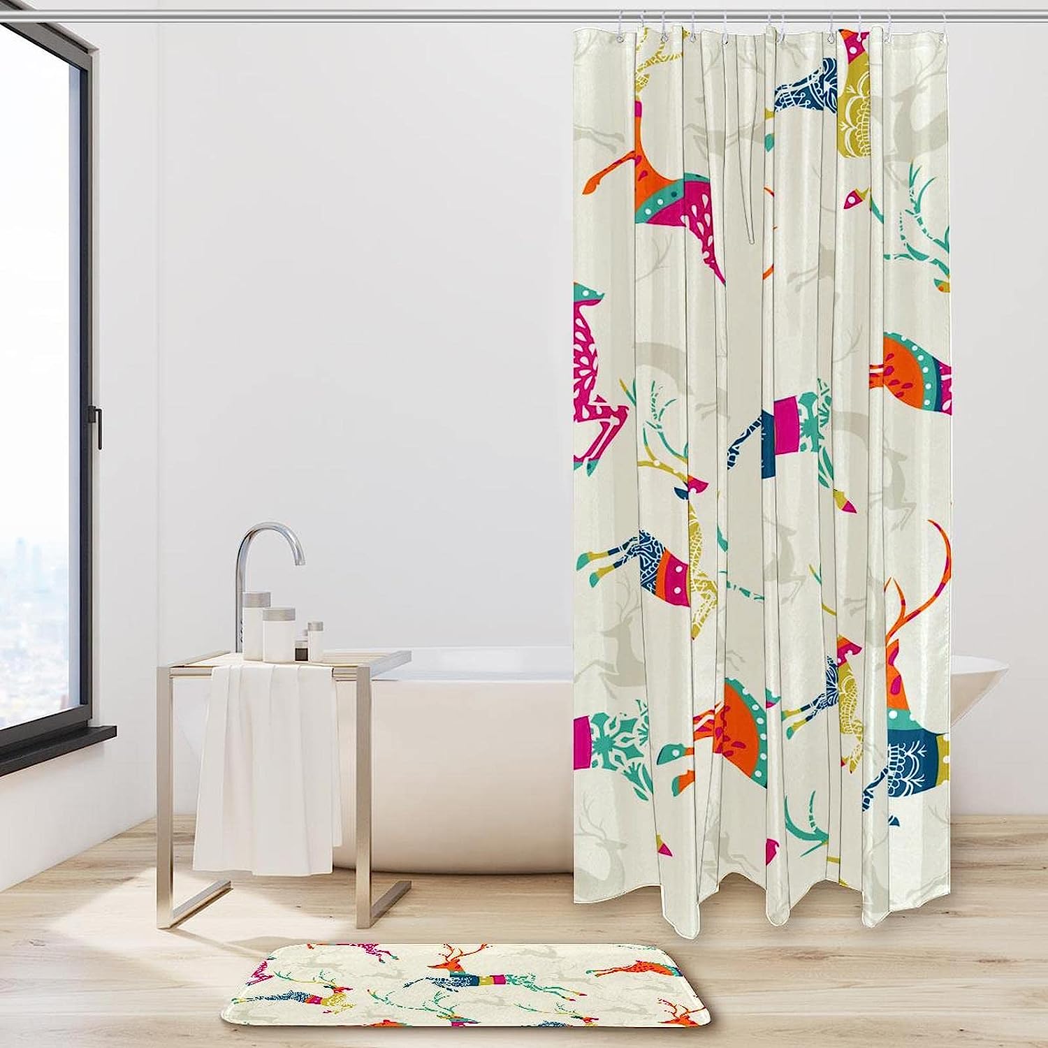 Vintage Christmas Elk Print Shower Curtain For Bathroom Tub Set - Image 2