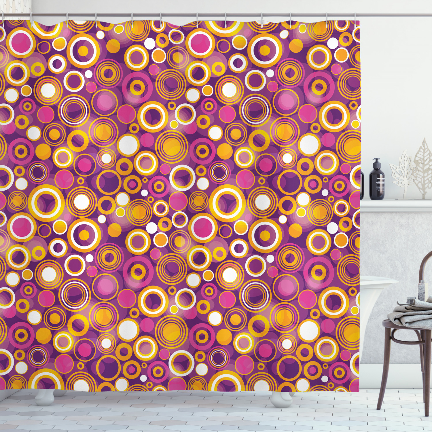 Vintage Circles Round Print Shower Curtain For Retro Bathroom