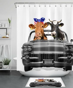 Vintage Classic Car Farmhouse Funny Cow Shower Curtain For Bathroom Accessories 