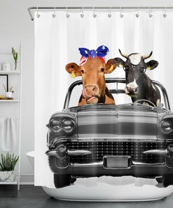 Vintage Classic Car Farmhouse Funny Cow Shower Curtain For Bathroom Accessories