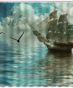 Vintage Coastal Seagulls Pirate Ship Shower Curtain, Nautical Bathroom Decor with Ocean Adventure 