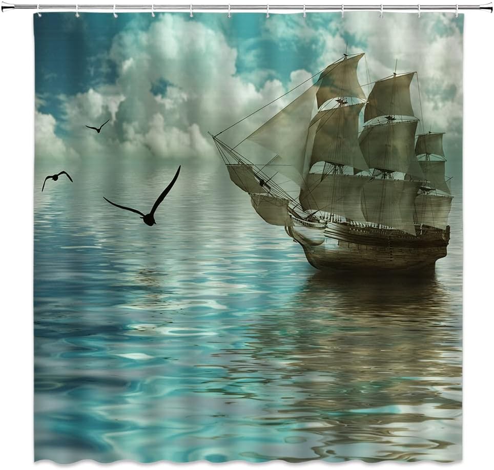 Vintage Coastal Seagulls Pirate Ship Shower Curtain, Nautical Bathroom Decor with Ocean Adventure