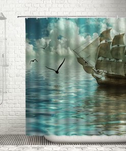Vintage Coastal Seagulls Pirate Ship Shower Curtain, Nautical Bathroom Decor with Ocean Adventure