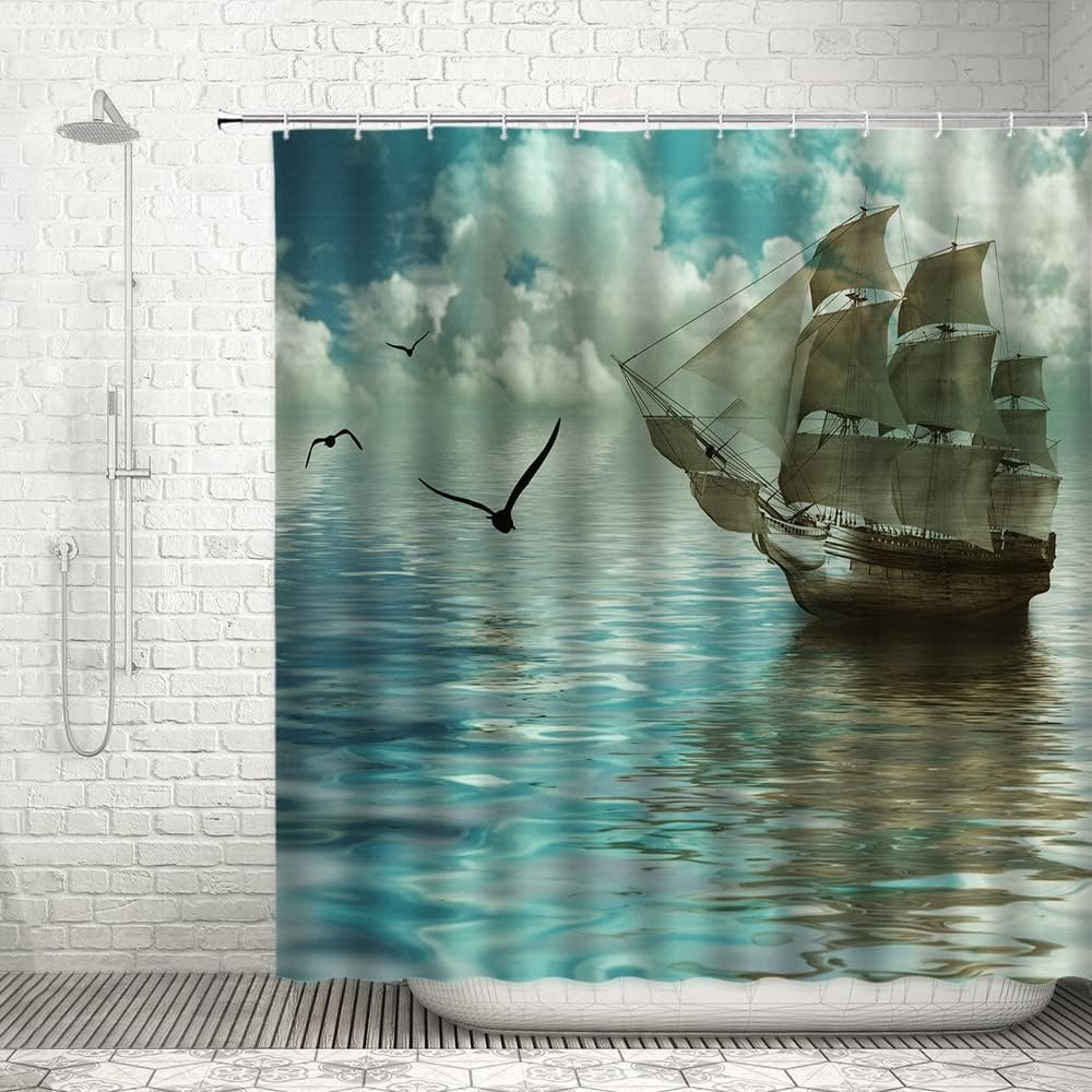 Vintage Coastal Seagulls Pirate Ship Shower Curtain, Nautical Bathroom Decor with Ocean Adventure