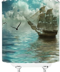 Vintage Coastal Seagulls Pirate Ship Shower Curtain, Nautical Bathroom Decor with Ocean Adventure