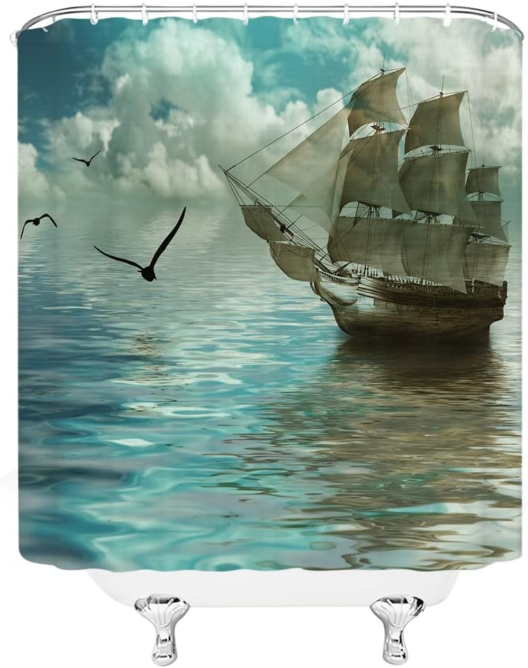Vintage Coastal Seagulls Pirate Ship Shower Curtain, Nautical Bathroom Decor with Ocean Adventure