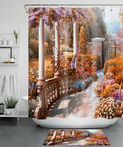 Vintage Column Bathroom Curtain - Autumn Forest Garden Scenery