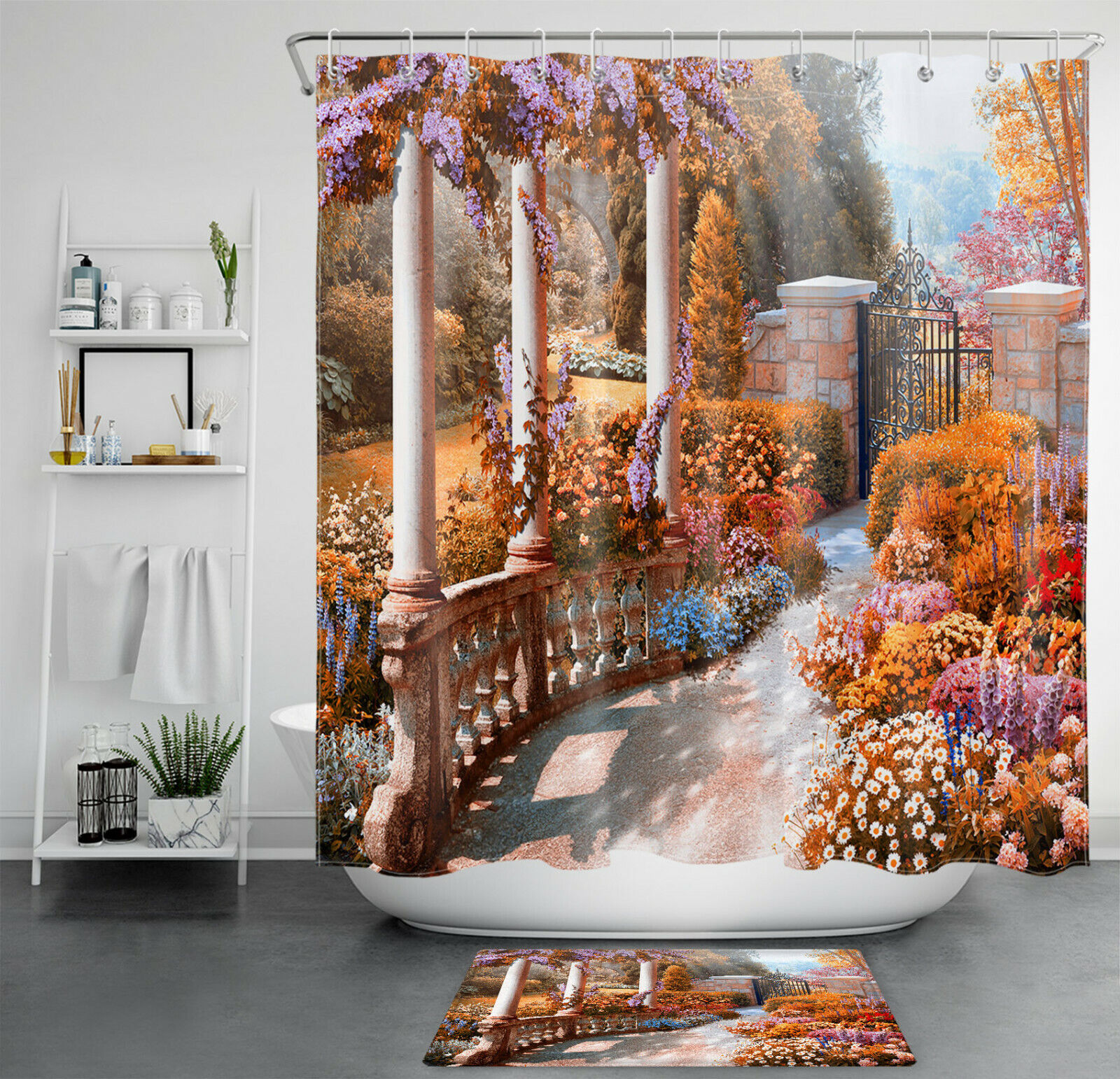 Vintage Column Bathroom Curtain - Autumn Forest Garden Scenery