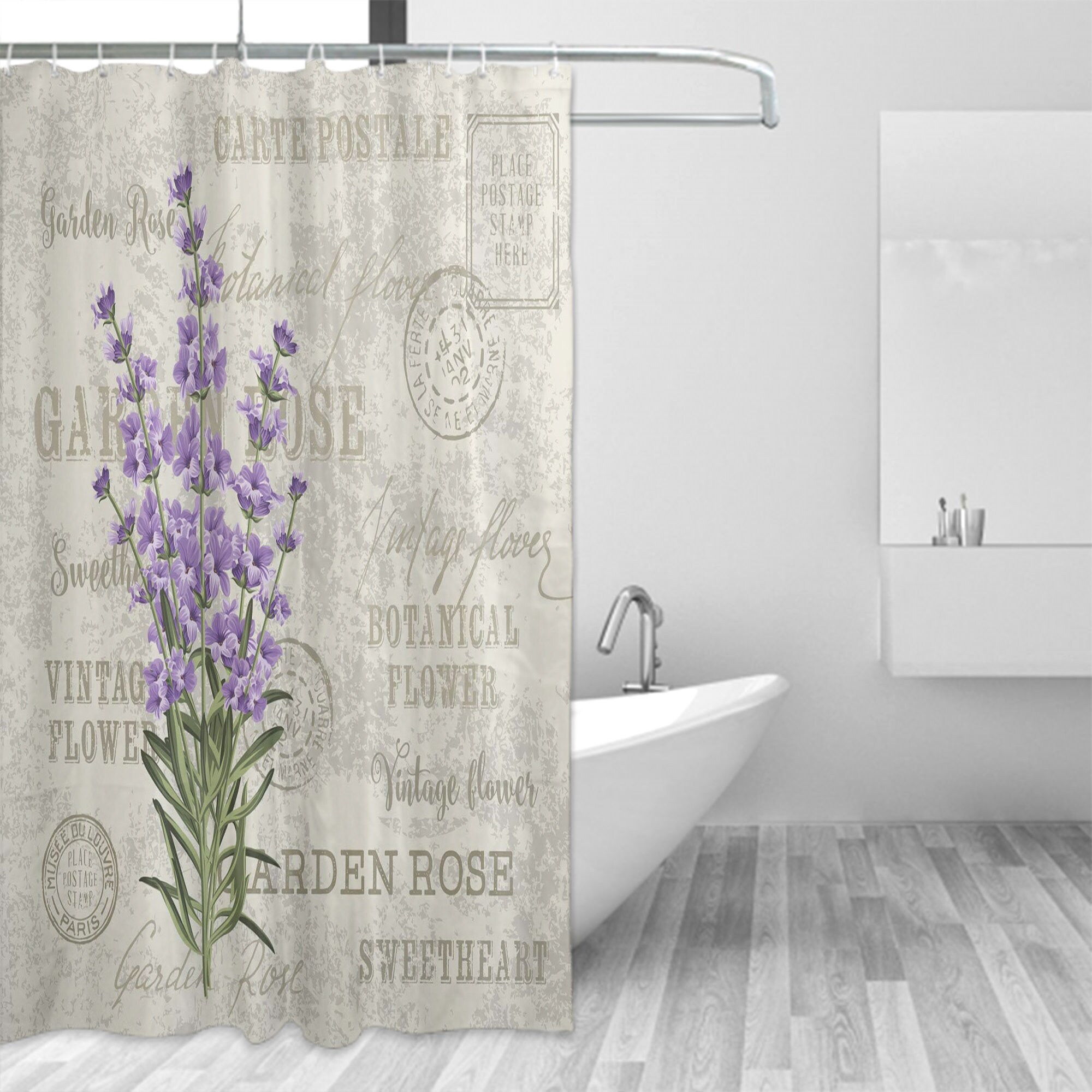 Vintage Composition with Grunge Display and Flowers Shower Curtain with Lavender and French Theme