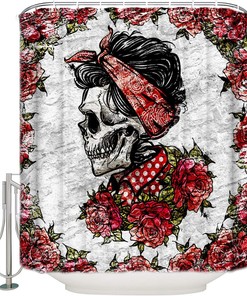 Vintage Day Of The Dead Skulls With Rose Flowers Print Shower Curtain For Bathroom