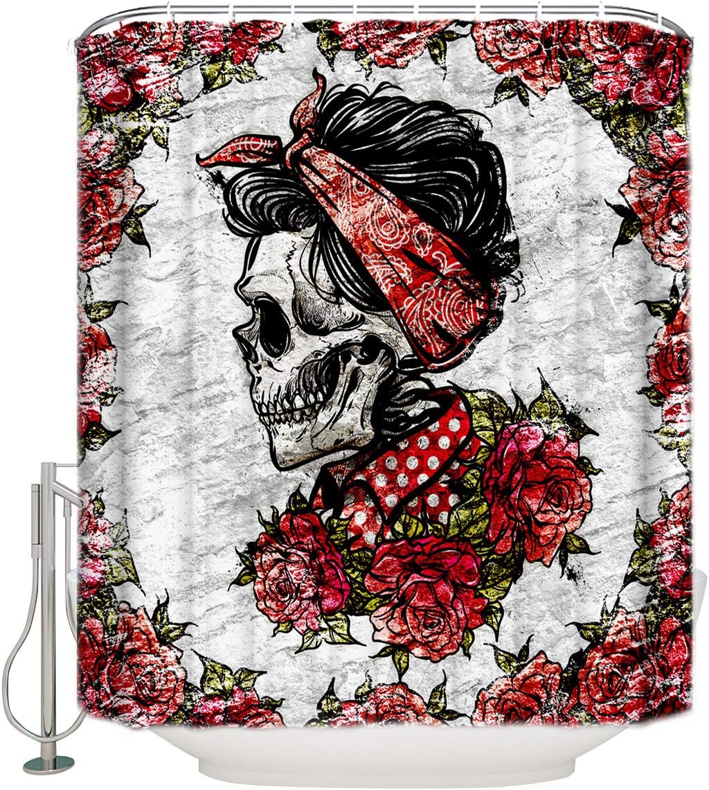 Vintage Day Of The Dead Skulls With Rose Flowers Print Shower Curtain For Bathroom