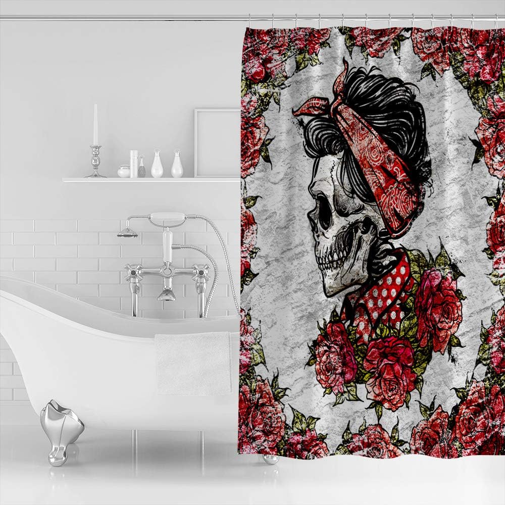 Vintage Day Of The Dead Skulls With Rose Flowers Print Shower Curtain For Bathroom - Image 2