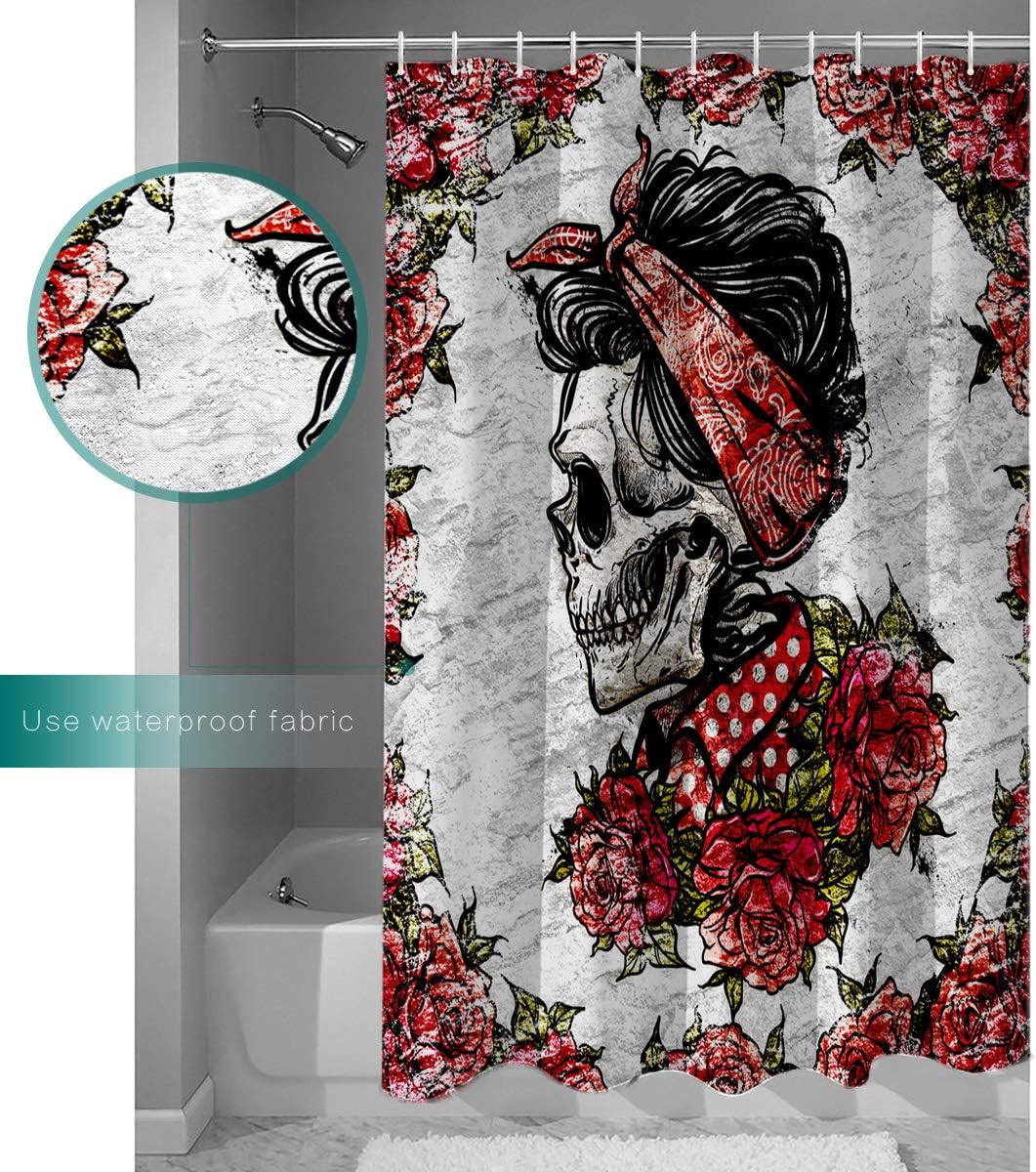 Vintage Day Of The Dead Skulls With Rose Flowers Print Shower Curtain For Bathroom - Image 3