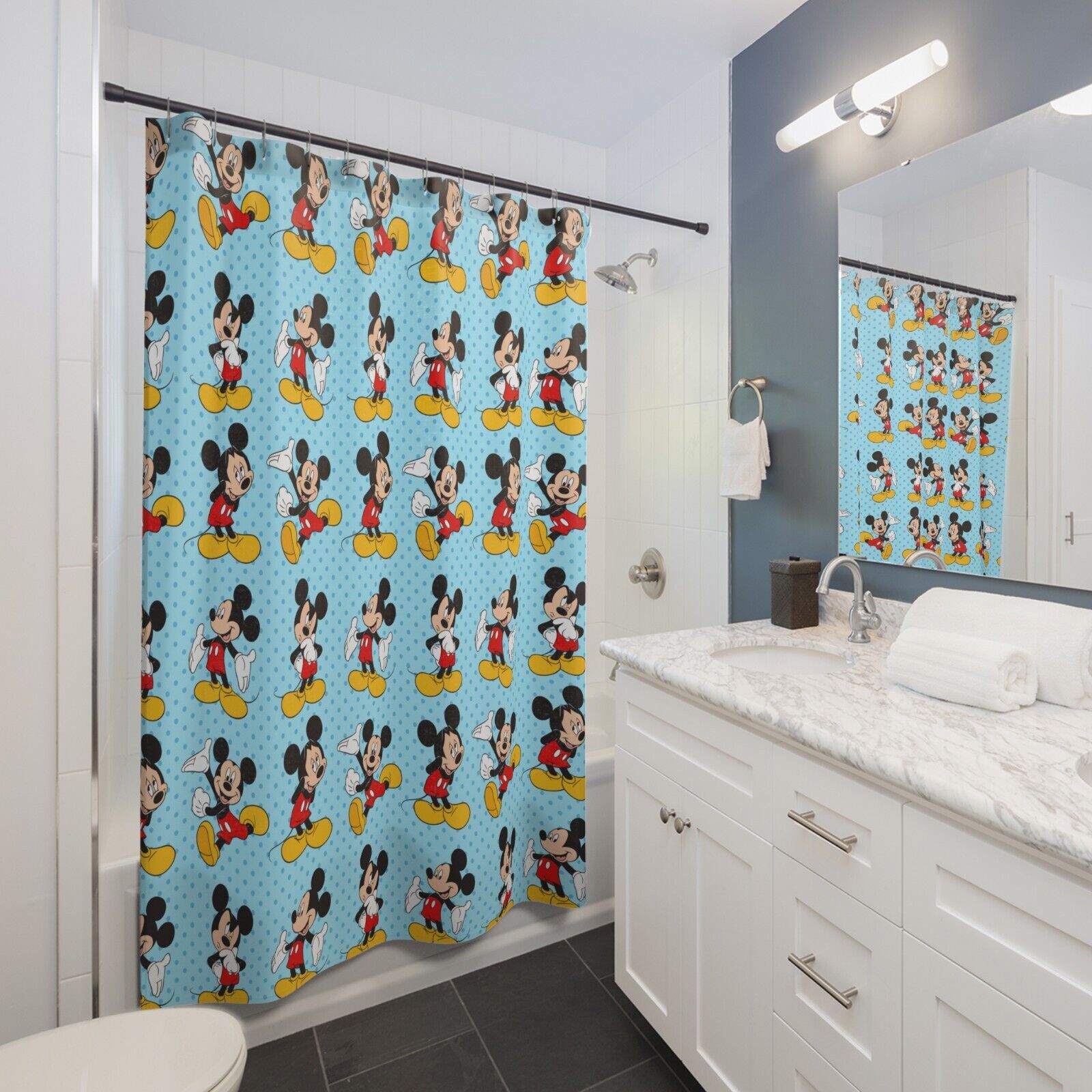 Vintage Disney Mickey Mouse Azul Cortina, Banheiro Da Disney Shower Curtain - Image 2