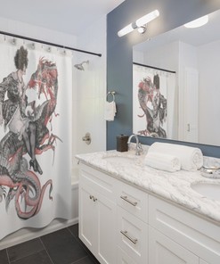 Vintage Dragon Rider Shower Curtain with Antique Illustration