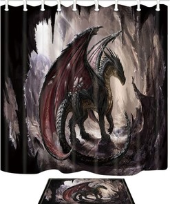 Vintage Dragon and Cave Shower Curtain Artistic Bathroom Decor Waterproof Fabric Curtain