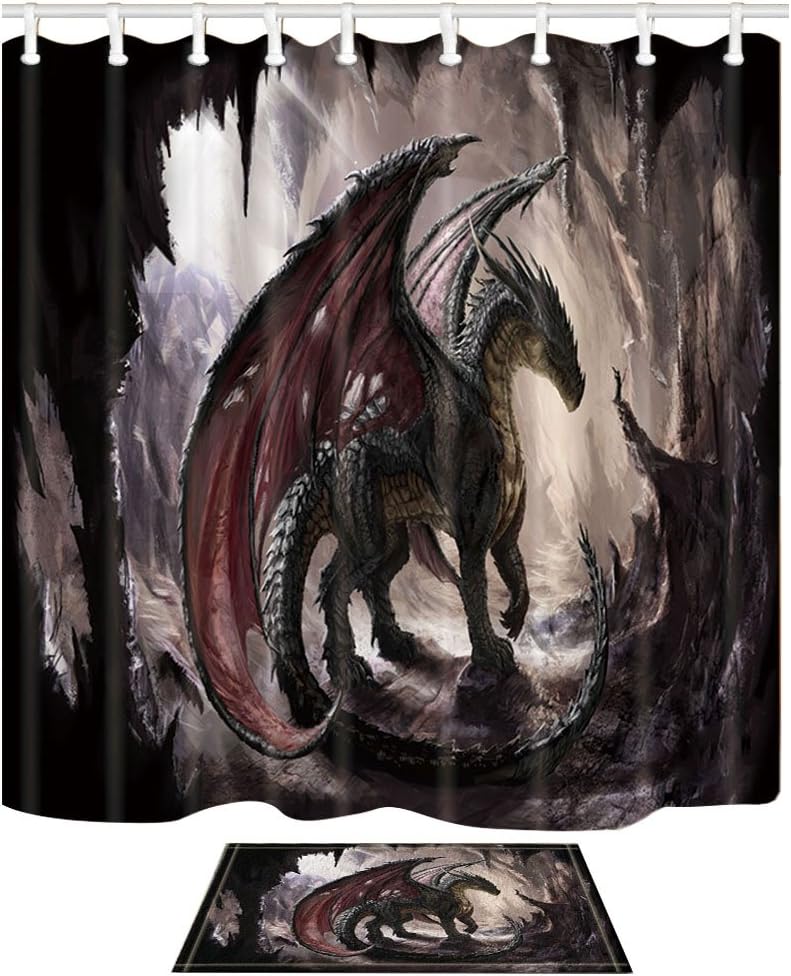 Vintage Dragon and Cave Shower Curtain Artistic Bathroom Decor Waterproof Fabric Curtain