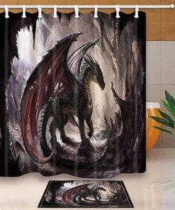 Vintage Dragon and Cave Shower Curtain Artistic Bathroom Decor Waterproof Fabric Curtain