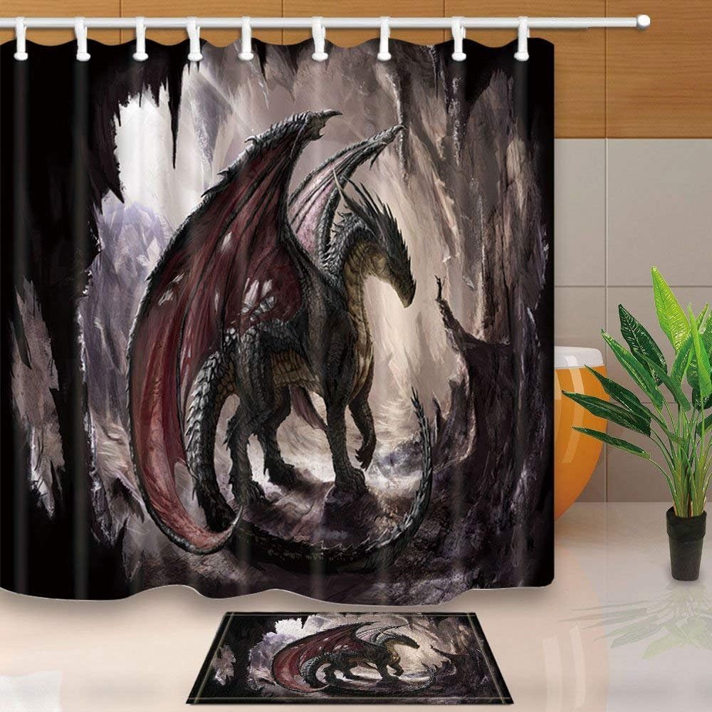 Vintage Dragon and Cave Shower Curtain Artistic Bathroom Decor Waterproof Fabric Curtain