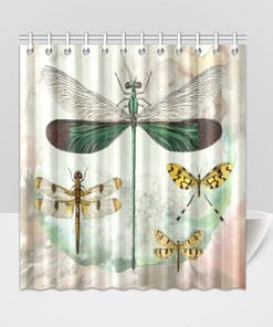 Vintage Dragonflies And Butterflies Green Yellow Shower Curtain