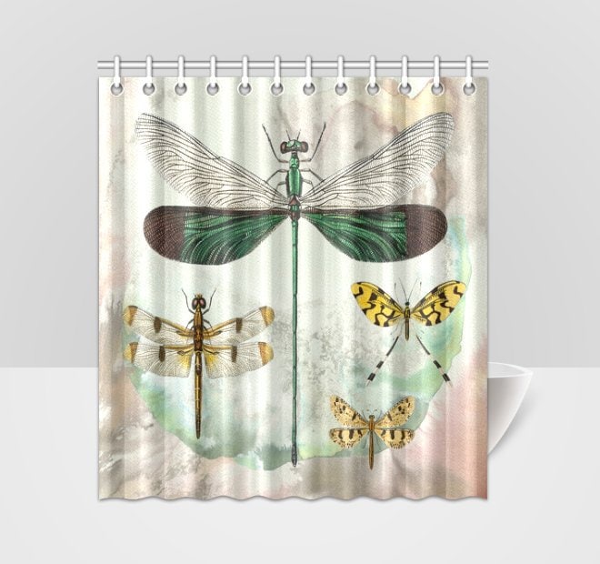 Vintage Dragonflies And Butterflies Green Yellow Shower Curtain
