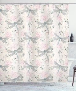 Vintage Dragonfly Print Shower Curtain, Shabby Chic Bathroom Decor