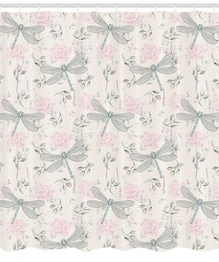 Vintage Dragonfly Print Shower Curtain, Shabby Chic Bathroom Decor