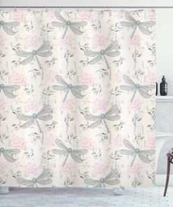 Vintage Dragonfly Print Shower Curtain, Shabby Chic Bathroom Decor