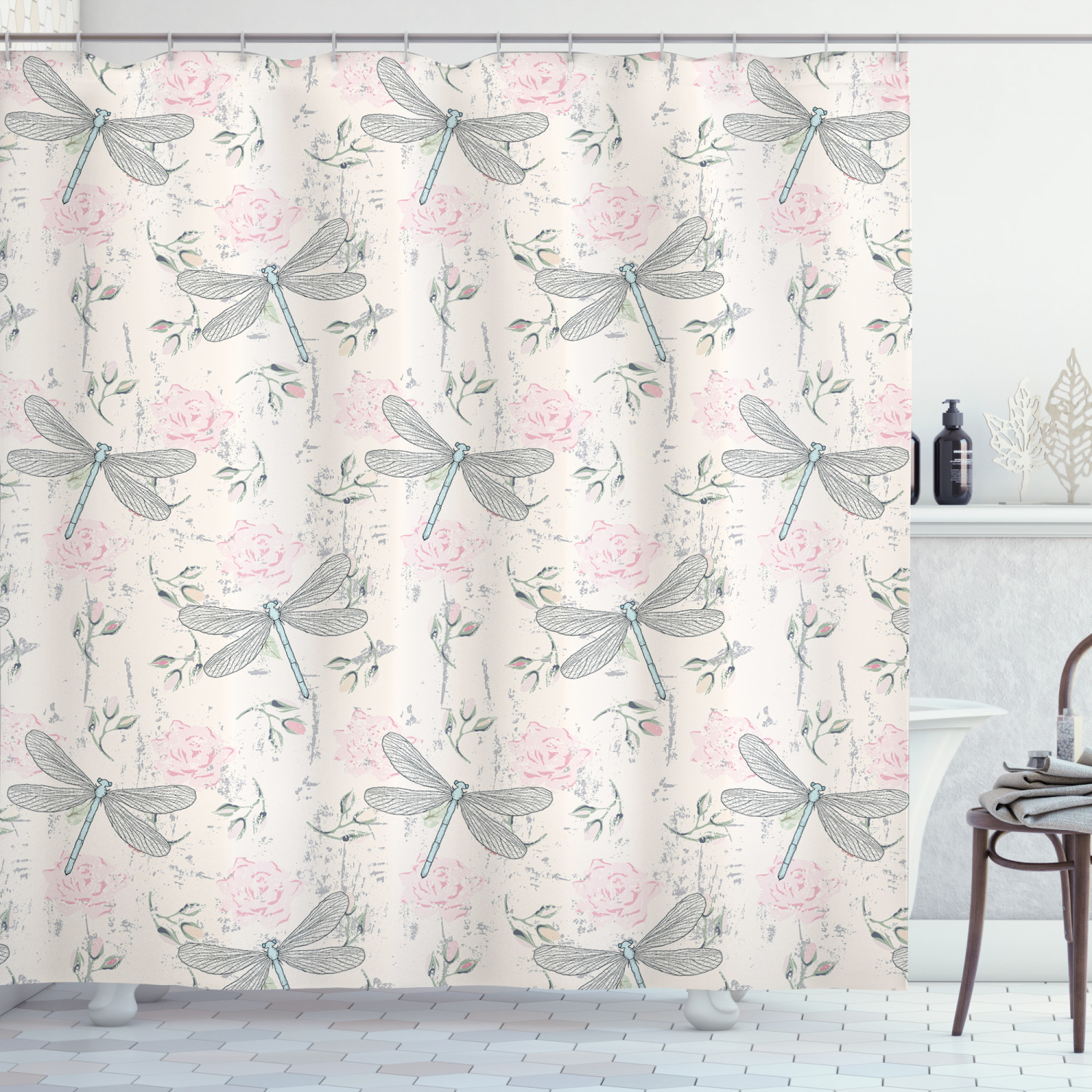 Vintage Dragonfly Print Shower Curtain, Shabby Chic Bathroom Decor