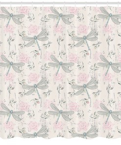 Vintage Dragonfly Print Shower Curtain, Shabby Chic Bathroom Decor