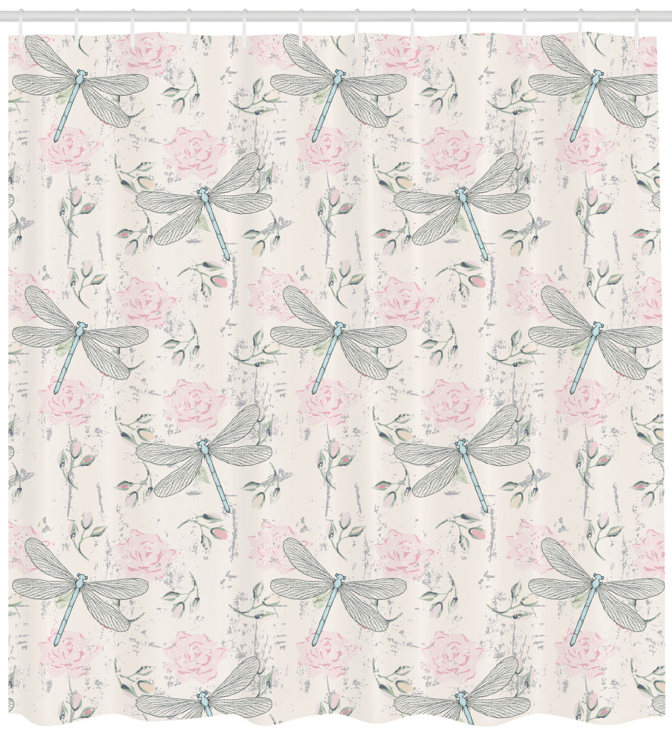 Vintage Dragonfly Print Shower Curtain, Shabby Chic Bathroom Decor