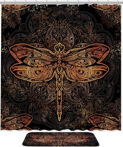 Vintage Dragonfly Shower Curtain, Brown Microfiber Bathroom Accents Fabric Machine Washable