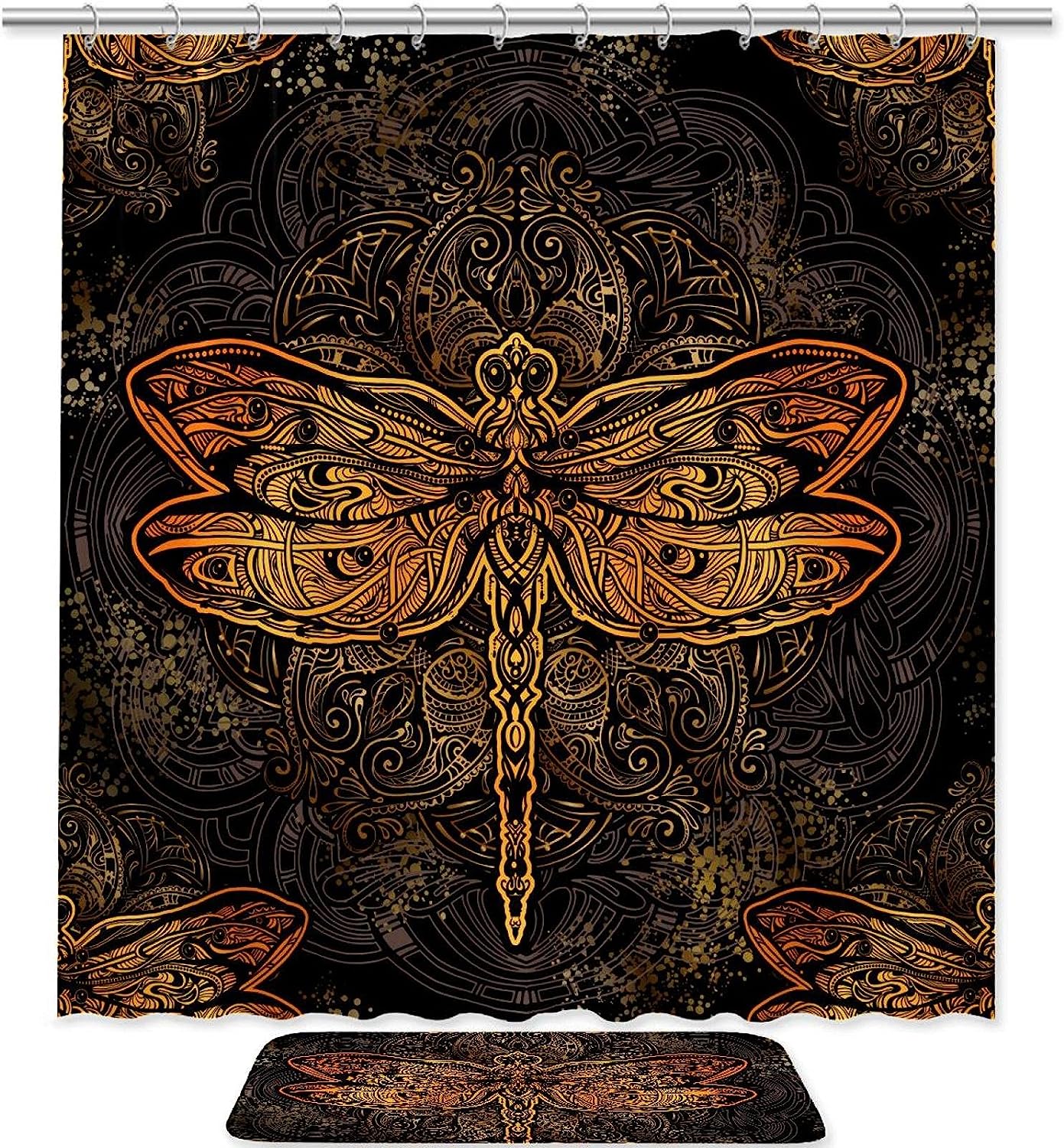 Vintage Dragonfly Shower Curtain, Brown Microfiber Bathroom Accents Fabric Machine Washable