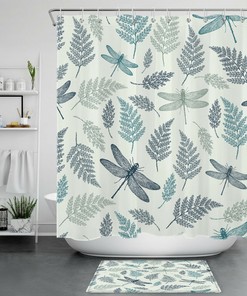 Vintage Dragonfly Shower Curtain With Abstract Leaves Bathroom Accessories