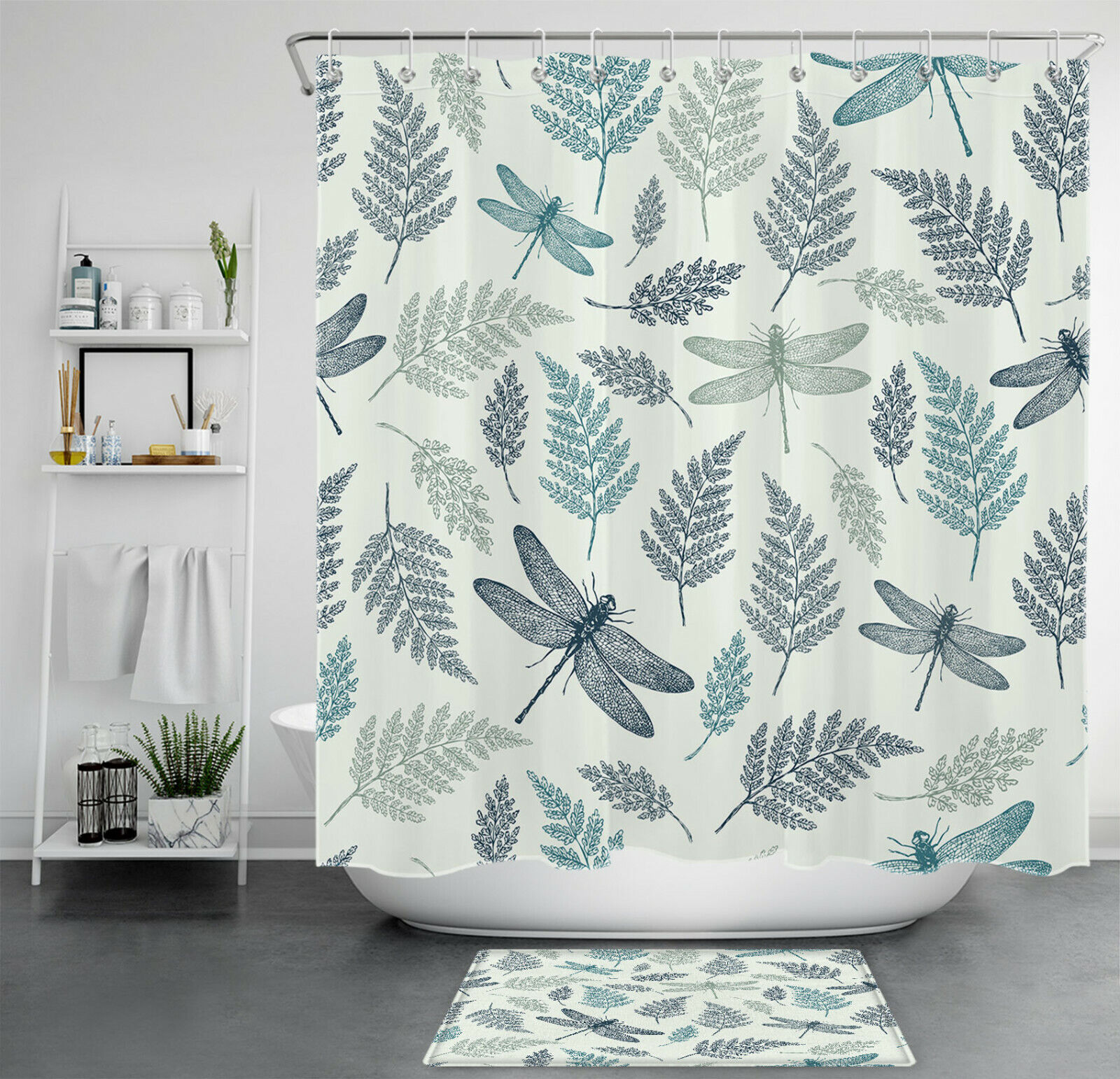 Vintage Dragonfly Shower Curtain With Abstract Leaves Bathroom Accessories